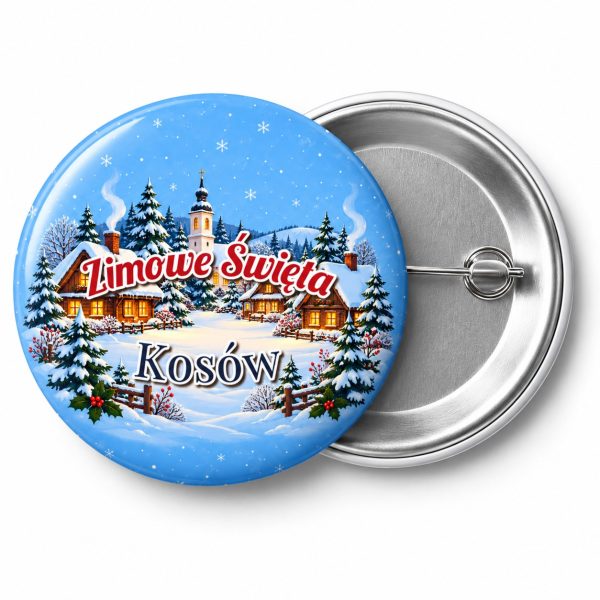 Przypinka Zimowa Wioska: przypinka na Boże Narodzenie z napisem Zimowe Święta oraz polem miejscowość (np. Kosów) – przód i aluminiowy tył z agrafką