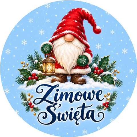 Wzór: Przypinka Zimowe Święta Skrzat – świąteczna grafika z napisem Zimowe Święta