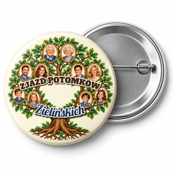 Przypinka Zjazd Potomków Drzewo: kolorowa przypinka na zjazd rodzinny z napisem ZJAZD POTOMKÓW oraz polem nazwisko (np. Zielińskich) – przód i aluminiowy tył z agrafką