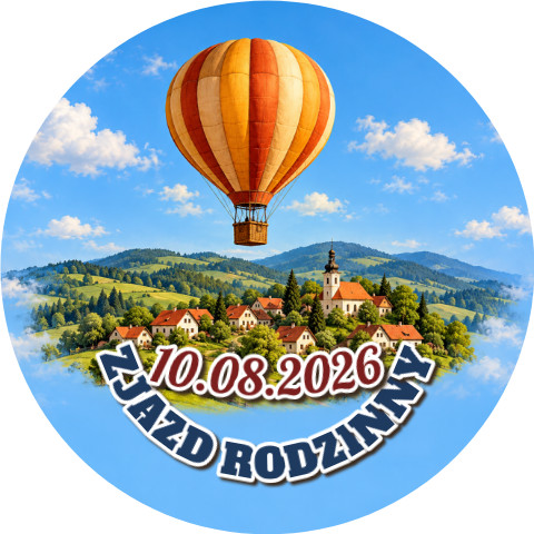 Wzór: Przypinka Zjazd Rodzinny Balon – napis ZJAZD RODZINNY i pole data na pastelowym tle