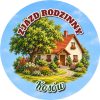 Wzór: Przypinka Zjazd Rodzinny Dom – napis ZJAZD RODZINNY i pole miejscowość na pastelowym tle