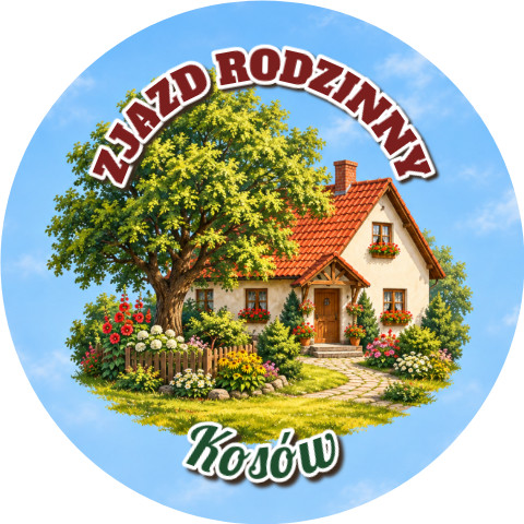 Wzór: Przypinka Zjazd Rodzinny Dom – napis ZJAZD RODZINNY i pole miejscowość na pastelowym tle
