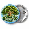 Przypinka Zjazd Rodzinny Drzewo Życia: kolorowa przypinka na zjazd rodzinny z napisem ZJAZD RODZINNY – przód i aluminiowy tył z agrafką