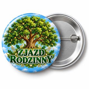 Przypinka Zjazd Rodzinny Drzewo Życia: kolorowa przypinka na zjazd rodzinny z napisem ZJAZD RODZINNY – przód i aluminiowy tył z agrafką