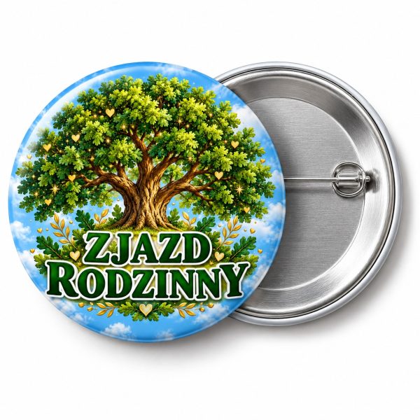Przypinka Zjazd Rodzinny Drzewo Życia: kolorowa przypinka na zjazd rodzinny z napisem ZJAZD RODZINNY – przód i aluminiowy tył z agrafką