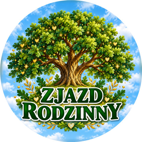 Wzór: Przypinka Zjazd Rodzinny Drzewo Życia – pastelowa grafika z napisem ZJAZD RODZINNY