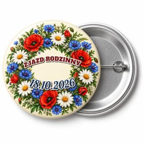 Przypinka Zjazd Rodzinny Kwiaty: kolorowa przypinka na zjazd rodzinny z napisem ZJAZD RODZINNY oraz polem data (np. 18.10.2026) – przód i aluminiowy tył z agrafką