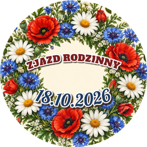 Wzór: Przypinka Zjazd Rodzinny Kwiaty – napis ZJAZD RODZINNY i pole data na pastelowym tle