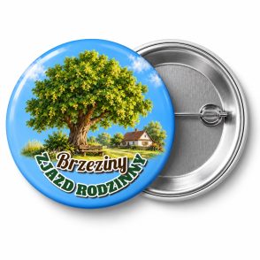 Przypinka Zjazd Rodzinny Lipa: kolorowa przypinka na zjazd rodzinny z napisem ZJAZD RODZINNY oraz polem miejscowość (np. Brzeziny) – przód i aluminiowy tył z agrafką