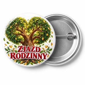 Przypinka Zjazd Rodzinny Serce: kolorowa przypinka na zjazd rodzinny z napisem ZJAZD RODZINNY – przód i aluminiowy tył z agrafką