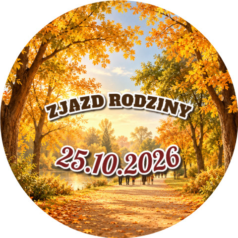 Wzór: Przypinka Zjazd Rodziny Aleja – napis ZJAZD RODZINY i pole data na pastelowym tle