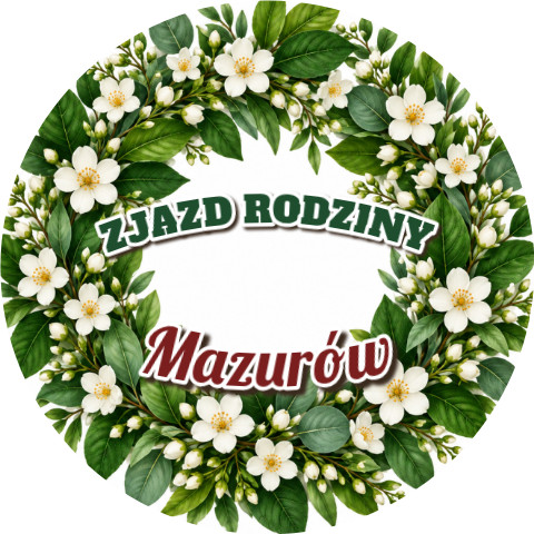 Wzór: Przypinka Zjazd Rodziny Wieniec – napis ZJAZD RODZINY i pole nazwisko na pastelowym tle