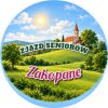 Wzór: Przypinka Zjazd Seniorów – napis ZJAZD SENIORÓW i pole miejscowość na pastelowym tle