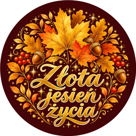 Wzór: Przypinka Złota Jesień Życia – pastelowa grafika z napisem Złota jesień życia