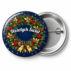 Przypinka Złoty Wieniec Świąteczny: przypinka na Boże Narodzenie z napisem Wesołych Świąt oraz polem rok (np. 2026) – przód i aluminiowy tył z agrafką